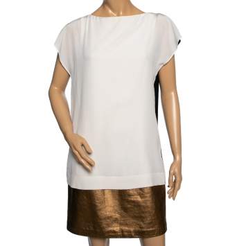 Pre Owned Gucci Tricolor Silk & Leather Trimmed Draped Dress M