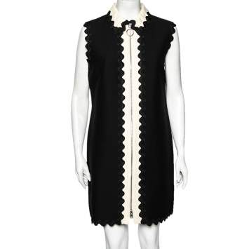 Pre Owned Gucci Black Silk Wave Trimmed Zip Front Sleeveless Dress L 