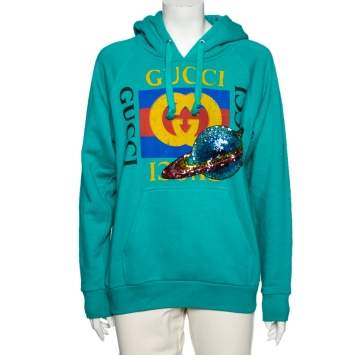 Pre Owned Gucci Green Cotton Sequin Embellished Logo Printed Hoodie XS