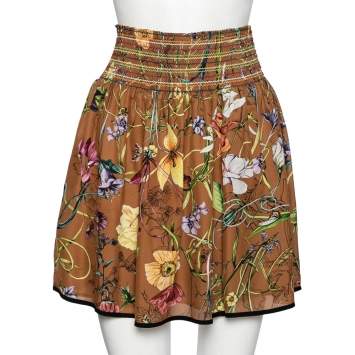 Pre Owned Gucci Brown Floral Printed Silk Mini Skirt M
