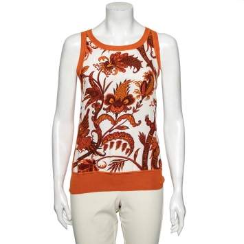 Pre Owned Gucci Orange Printed Silk & Knit Paneled Tank Top M