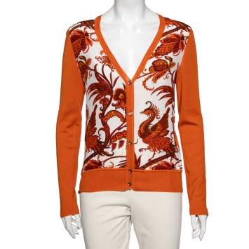Pre Owned Gucci Orange Printed Silk & Knit Paneled Button Front Cardigan M