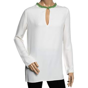 Pre Owned Gucci Off White Crinkled Silk Bead Embellished Long Sleeve Blouse M
