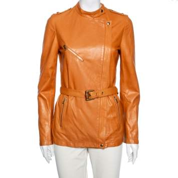 Pre Owned Gucci Tan Leather Front Zip Long Sleeve Jacket M