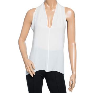Pre Owned Gucci White Silk Pleated V Neck Sleeveless Top M