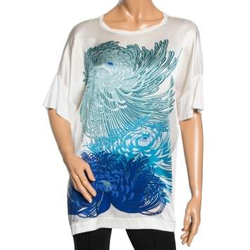 Pre Owned Gucci White and Blue Floral Printed Silk Short Sleeve Top L