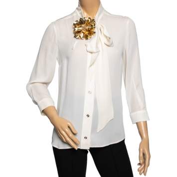 Pre Owned Gucci Cream Silk Floral Applique Bow Tie Shirt M