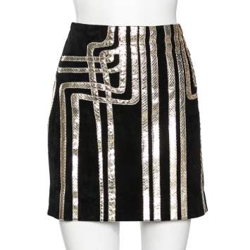Pre Owned Gucci Black & Gold Python Leather Trimmed Suede Mini Skirt M