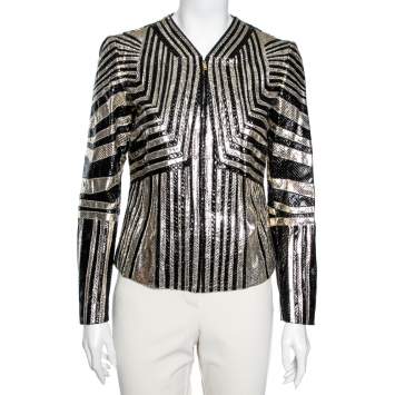 Pre Owned Gucci Gold & Black Python Leather Zip Front Jacket M
