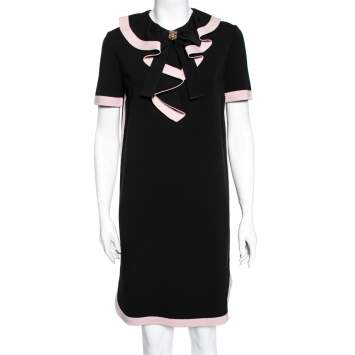 Pre Owned Gucci Black and Pink Jersey Ruffle Front Dress M