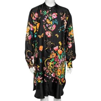Pre Owned Gucci Black Floral Printed Silk Button Front Dress M