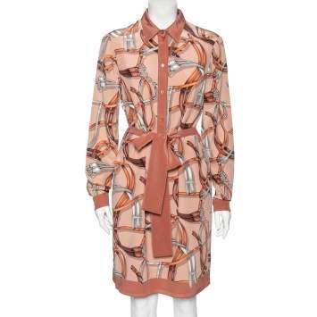 Pre Owned Gucci Dusty Pink Belt Printed Silk Belted Midi Dress M