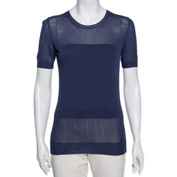 Pre Owned Gucci Navy Blue Knit Round Neck Top M