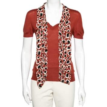 Pre Owned Gucci Brick Red Wool Knit Printed Neck Tie Detail Top S