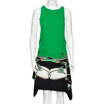 Pre Owned Gucci Green Scarf Printed Silk Chain Embellished Side Pleated Dress M