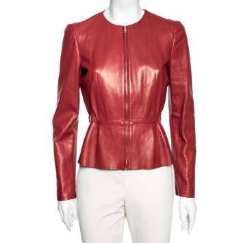 Pre Owned Gucci Brick Red Leather Zip Front Jacket M