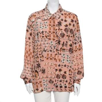 Pre Owned Gucci Pale Pink Floral Print Silk Long Sleeve Shirt M