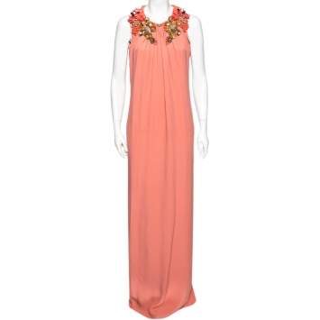 Pre Owned Gucci Peach Crinkled Silk Applique Embellished Neck Maxi Dress M