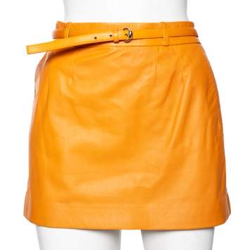 Pre Owned Gucci Orange Leather Belted Mini Skirt M