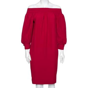 Pre Owned Gucci Red Crepe Off-Shoulder Gathered Dress M