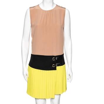 Pre Owned Gucci Beige & Neon Yellow Crepe Silk Buckle Detail Pleated Dress M 