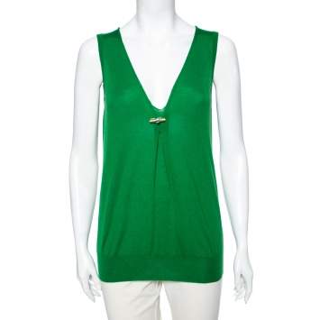 Pre Owned Gucci Green Cashmere Jewel Embellished Plunging Neck Sleeveless Sweater M