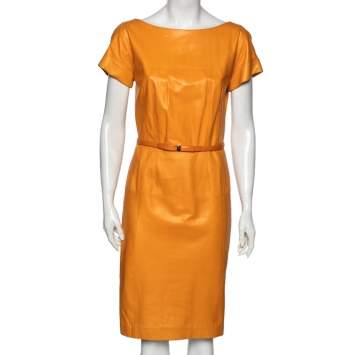 Pre Owned Gucci Orange Leather Short Sleeve Belted Dress M