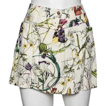 Pre Owned Gucci Cream Floral Printed Cotton Pleated Mini Skirt M