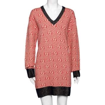 Pre Owned Gucci Red Oversized GG Stripe Wool Sweater M