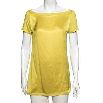 Pre Owned Gucci Yellow Silk Short Sleeve Blouse M