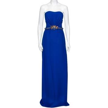 Pre Owned Gucci Blue Silk Crystal and Jewel Embellished Waist Strapless Gown M