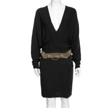 Pre Owned Gucci Black Silk Chain and Jewel Embellished Waist V Neck Dress M  