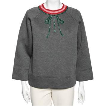 Pre Owned Gucci Grey Neoprene Bow Embellished Crewneck Sweater M