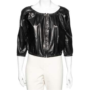 Pre Owned Gucci Black Leather Elasticized Hem Detail Zip Front Jacket M 
