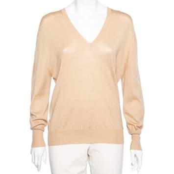Pre Owned Gucci Beige Wool & Cashmere Knit V-Neck Long Sleeve Sweater M 