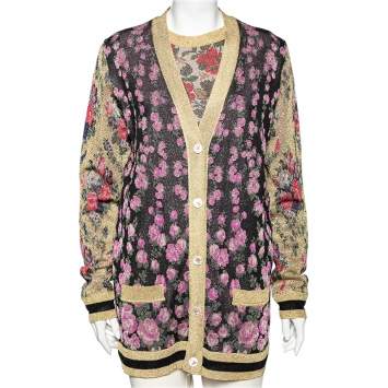 Pre Owned Gucci Multicolor Floral Intarsia Lurex Knit Tank Top & Reversible Cardigan M