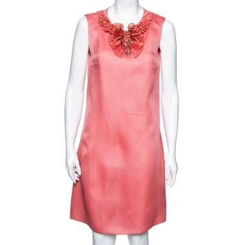 Pre Owned Gucci Pink Textured Silk Neck Embellished Sleeveless Shift Dress M