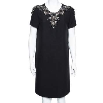 Pre Owned Gucci Black Embellished Silk Crepe Shift Dress M