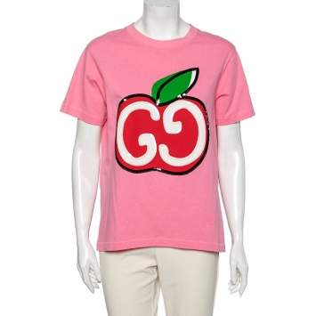 Pre Owned Gucci Pink Cotton Apple Print Sequin Embellished T-Shirt M