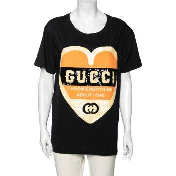 Pre Owned Gucci Black Cotton Sequin Embellished Logo Short Sleeve T-Shirt M