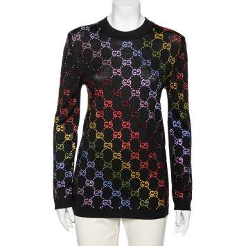 Pre Owned Gucci Black Wool Rainbow GG Crystal Embellished Sweater M 