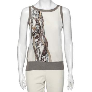 Pre Owned Gucci Grey and White Chain Printed Silk Sleeveless Top M