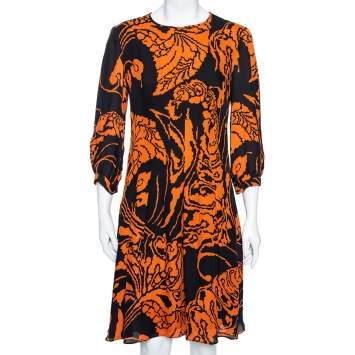 Pre Owned Gucci Black and Orange Printed Pleated Front Flared Dress M