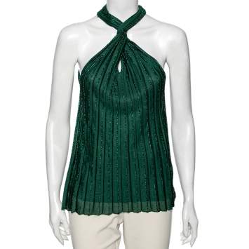 Pre Owned Gucci Green Knit Pleated Twisted Neck Sleeveless Top M