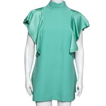 Pre Owned Gucci Green Silk Ruffled Sleeve Cut-Out Back Detail Short Dress M
