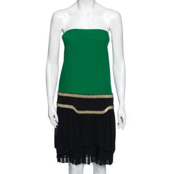 Pre Owned Gucci Green and Black Plisse Silk Detail Embellished Strapless Dress M