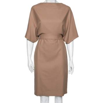 Pre Owned Gucci Beige Wool Belted Cape Dress M
