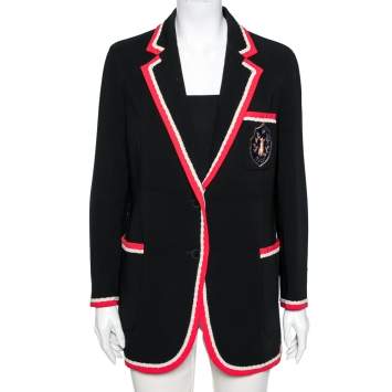 Pre Owned Gucci Black Crepe Fox Badge Contrast Trim Detail Blazer M