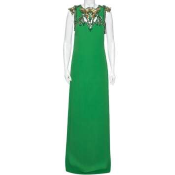 Pre Owned Gucci Green Silk Beaded Embellished Slit Detailed Maxi Dress M