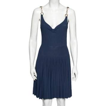 Pre Owned Gucci Navy Blue Knit Pleated Flared Mini Dress S
